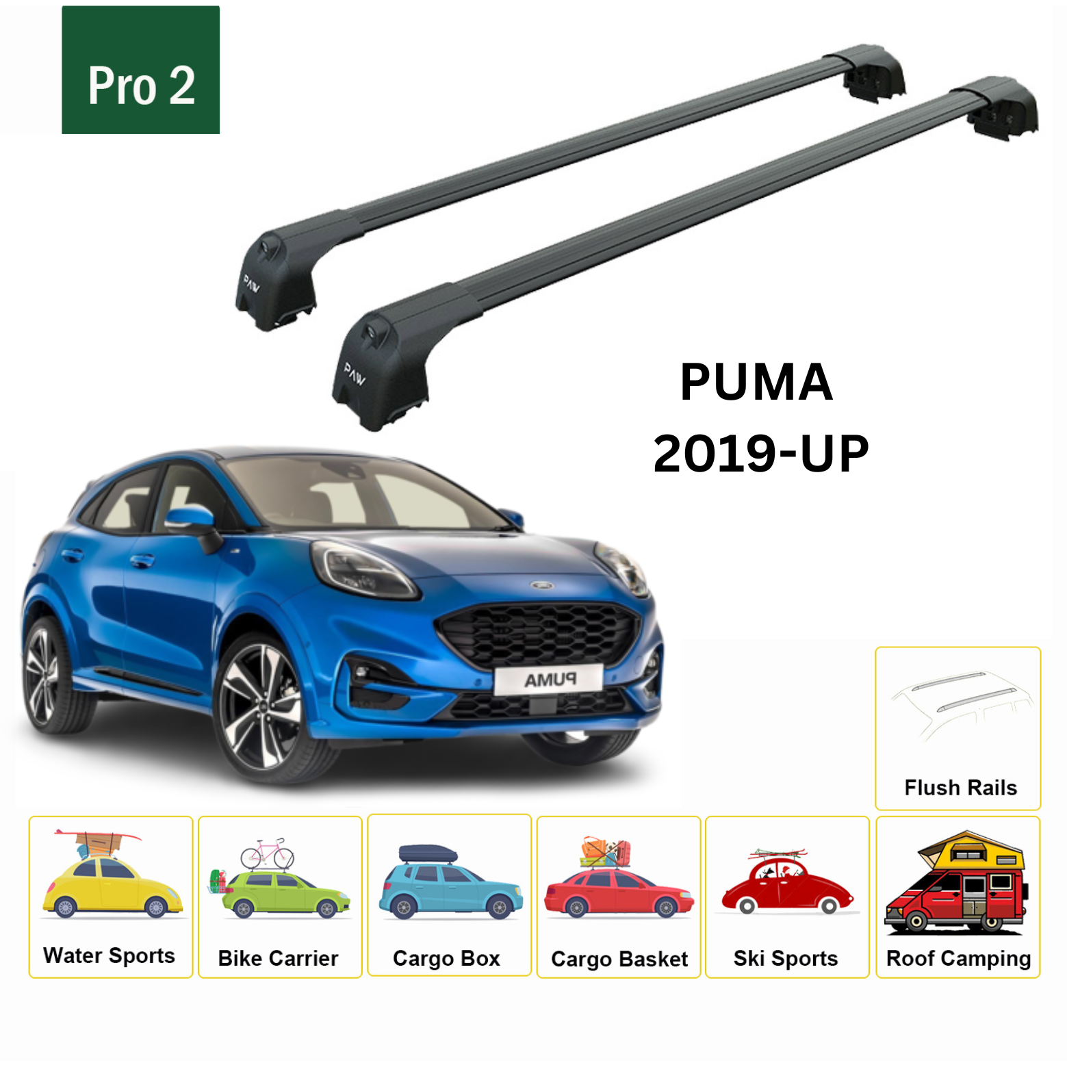 For Ford Puma 2019-Up Roof Rack Cross Bars Metal Bracket Flush Rail Alu Black - 0