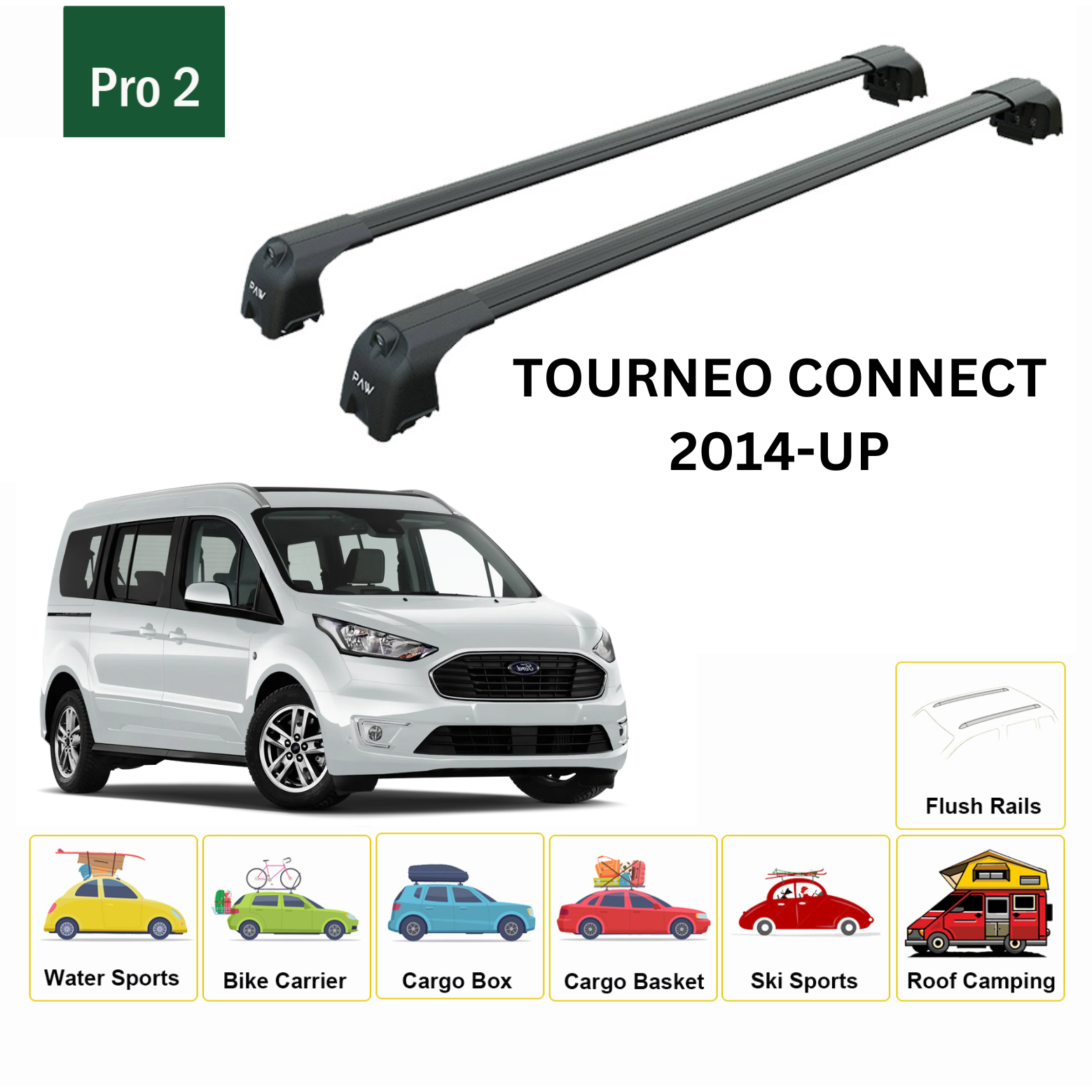 For Ford Tourneo Connect Roof Rack Cross Bars Metal Bracket Flush Rail Alu Black 2014-2021