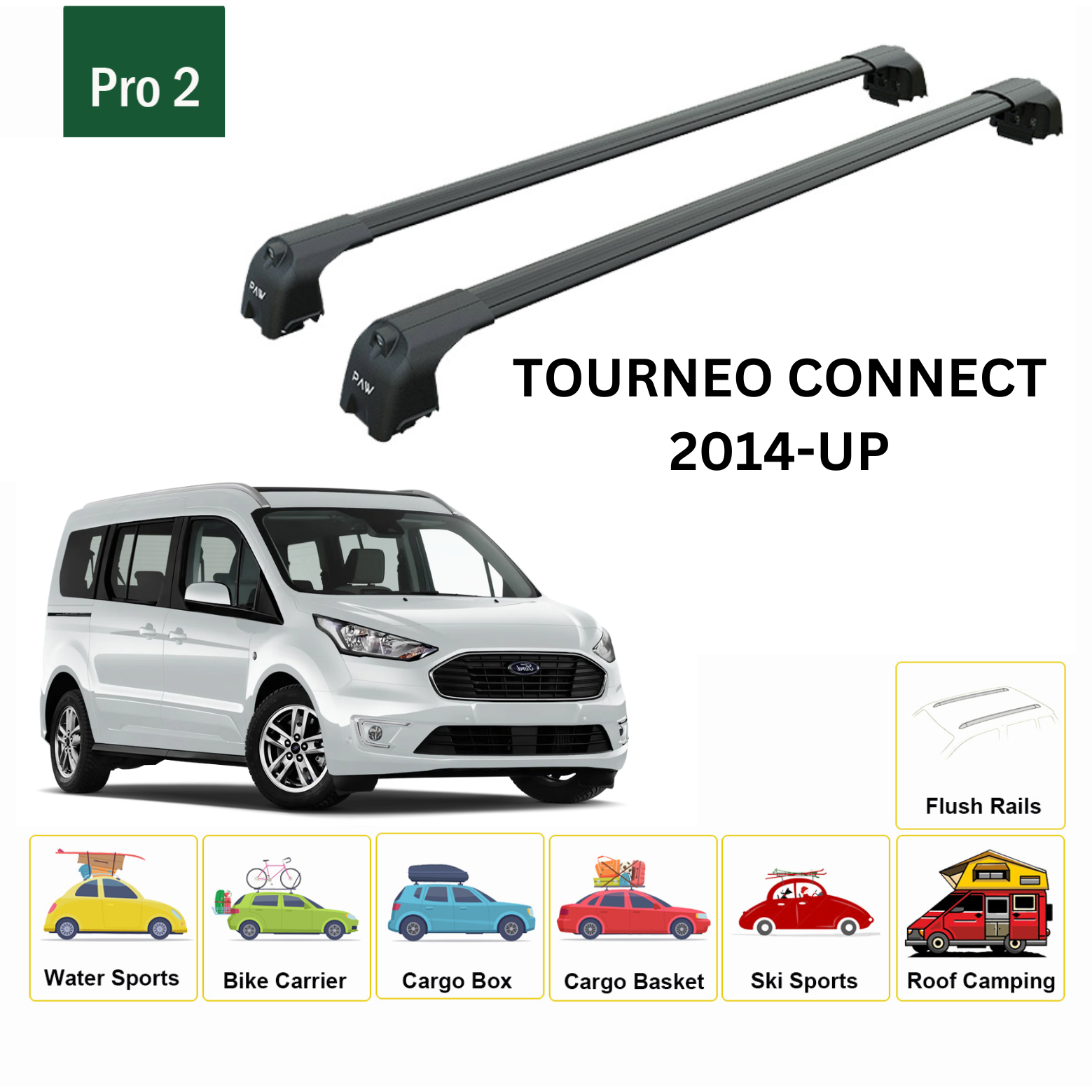 For Ford Tourneo Connect Roof Rack Cross Bars Metal Bracket Flush Rail Alu Black 2014-2021 - 0