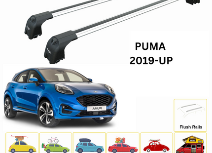 For Ford Puma 2019-Up Roof Rack Cross Bars Metal Bracket Flush Rail Alu Silver