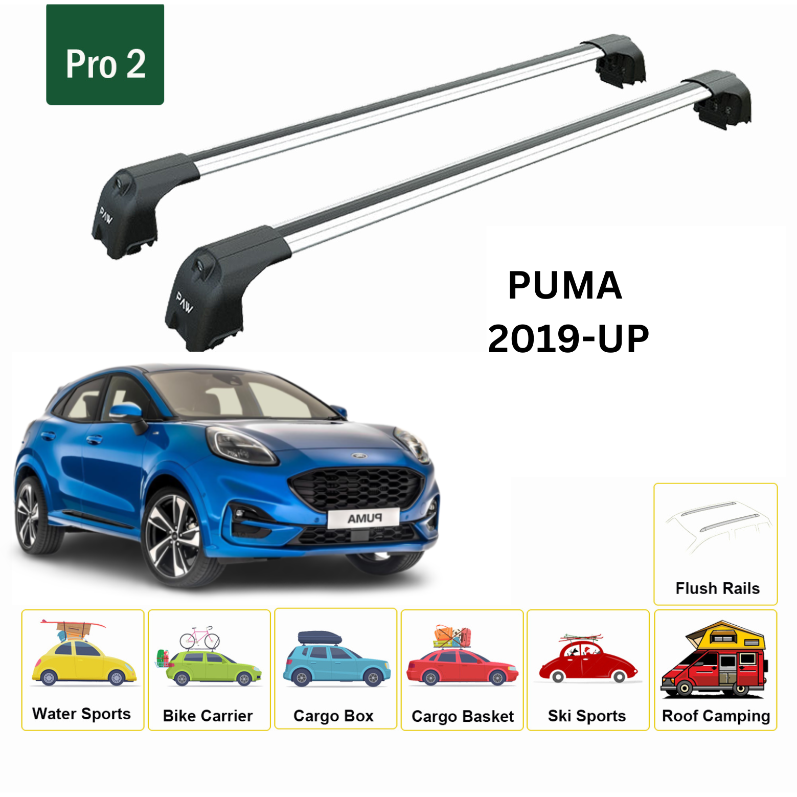 For Ford Puma 2019-Up Roof Rack Cross Bars Metal Bracket Flush Rail Alu Silver - 0