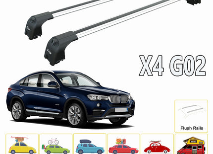 For BMW X4 G02 2018-Up Roof Rack System, Aluminium Cross Bar, Metal Bracket, Flush Rail, Black