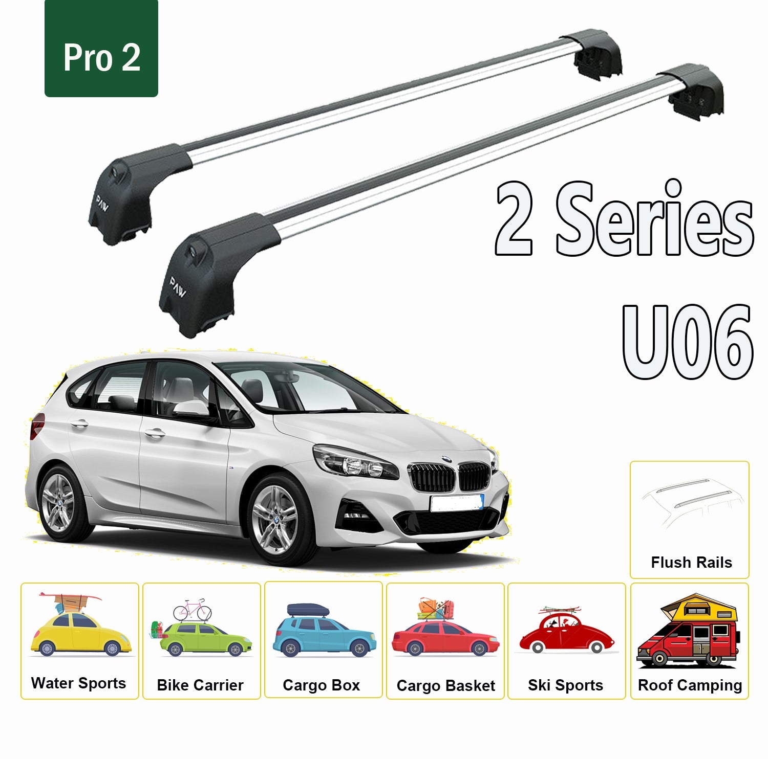 For BMW 2 Series Active Tourer U06 2021-Up Roof Rack System, Aluminium Cross Bar, Metal Bracket, Flush Rail, Black