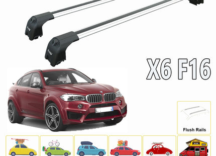 For BMW X6 F16 2015-2019 Roof Rack System, Aluminium Cross Bar, Metal Bracket, Flush Rail, Silver