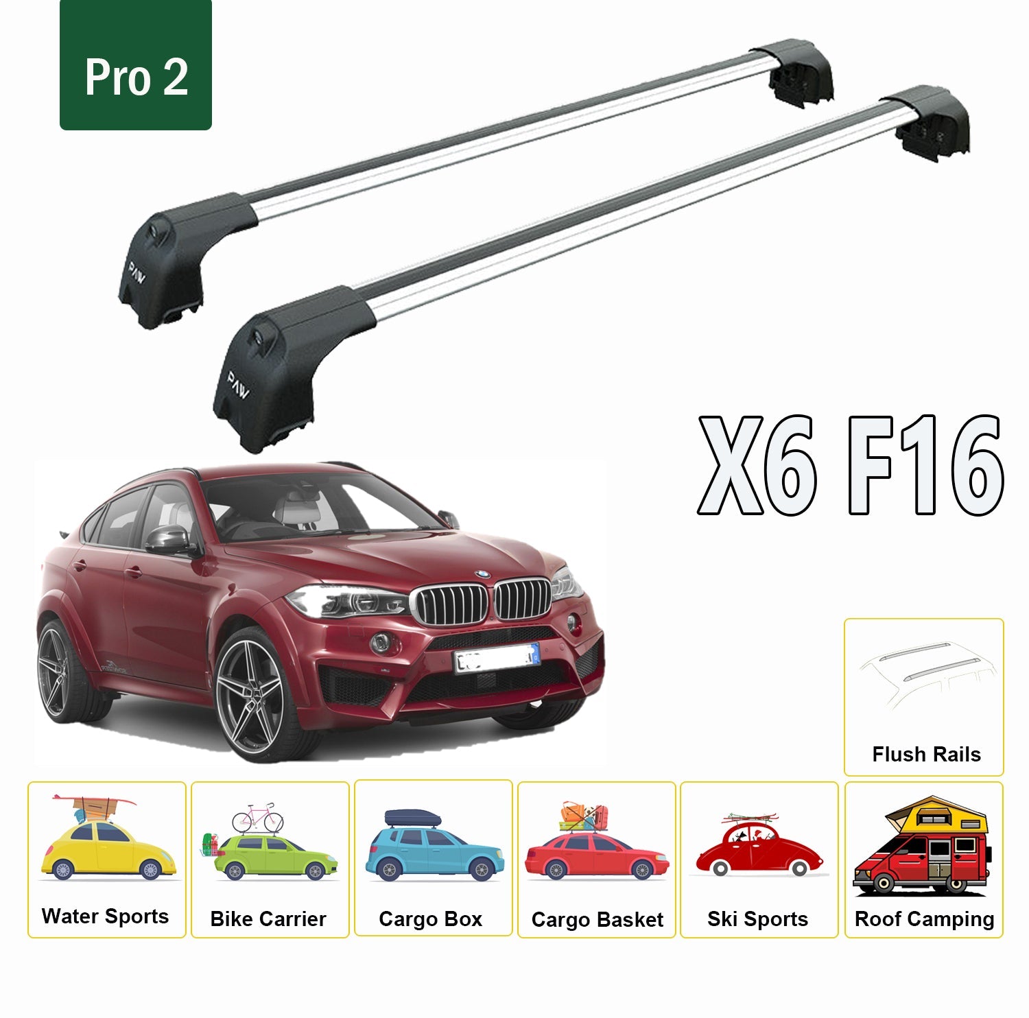 For BMW X6 F16 2015-2019 Roof Rack System, Aluminium Cross Bar, Metal Bracket, Flush Rail, Silver