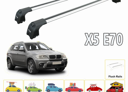 For BMW X5 E70 2007-2013 Roof Rack System, Aluminium Cross Bar, Metal Bracket, Flush Rail, Silver
