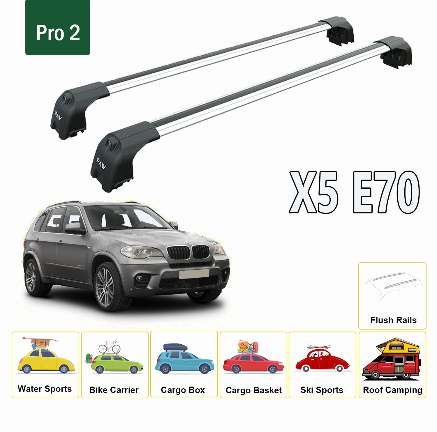 For BMW X5 E70 2007-2013 Roof Rack System, Aluminium Cross Bar, Metal Bracket, Flush Rail, Silver