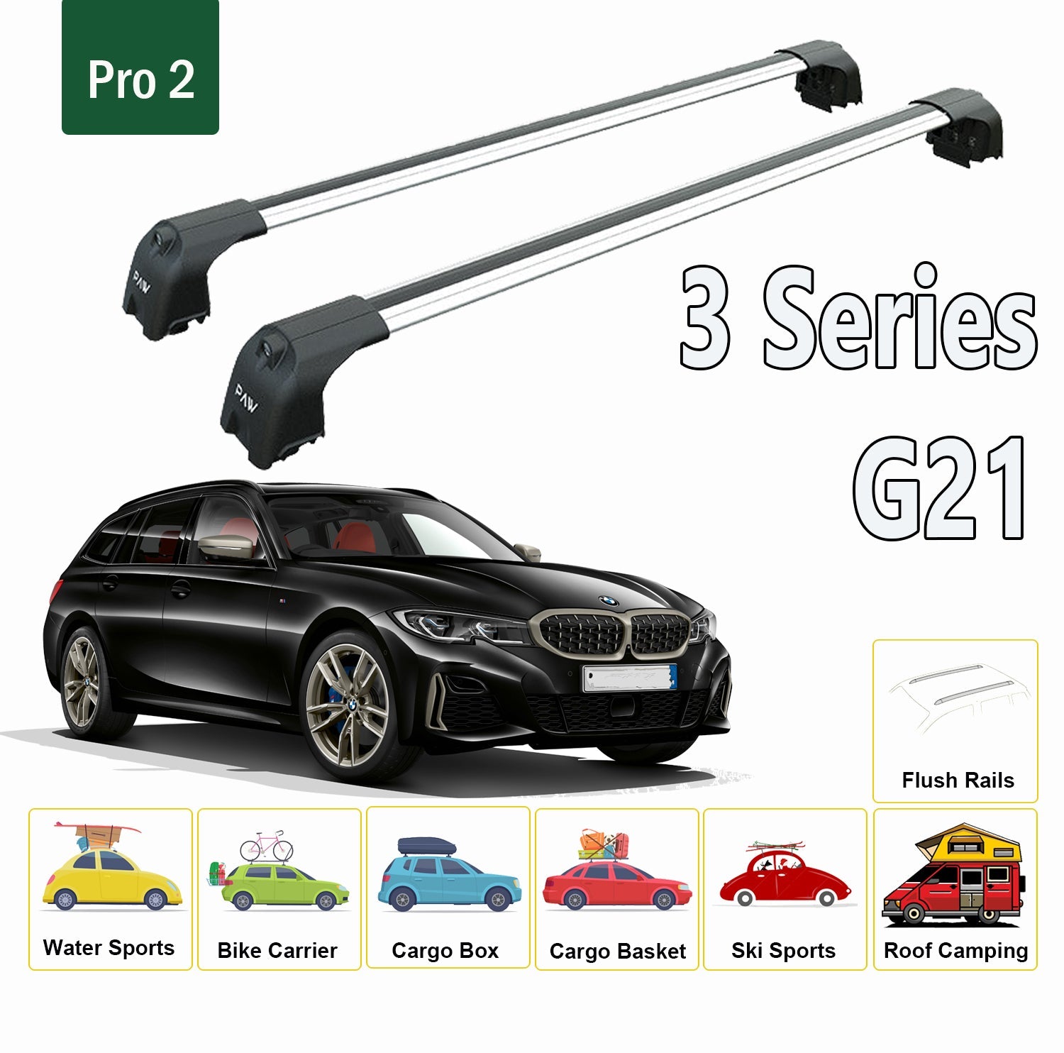 For BMW 3 Series G21 2019-Up Roof Rack System, Aluminium Cross Bar, Metal Bracket, Flush Rail, Silver