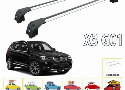 For BMW X3 G01 2017-Up Roof Rack System, Aluminium Cross Bar, Metal Bracket, Flush Rails, Black