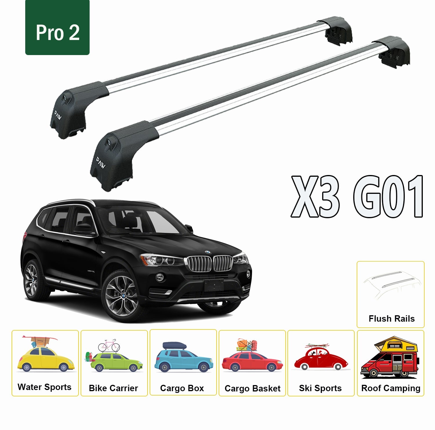 For BMW X3 G01 2017-Up Roof Rack System, Aluminium Cross Bar, Metal Bracket, Flush Rails, Black