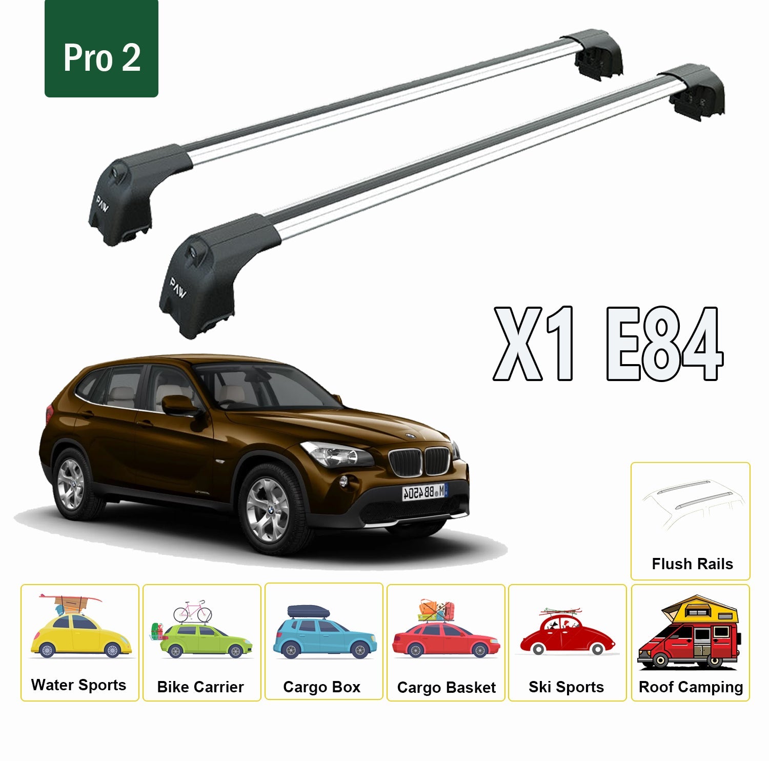 For Bmw X1 E84 2009-2015 Roof Rack System, Aluminium Cross Bar, Metal Bracket, Flush Rails, Black