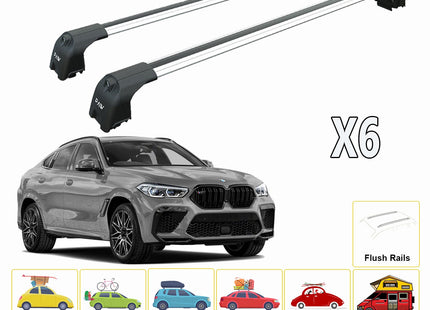 For BMW X6 2020-Up Roof Rack System, Aluminium Cross Bar, Metal Bracket, Flush Rail, Black