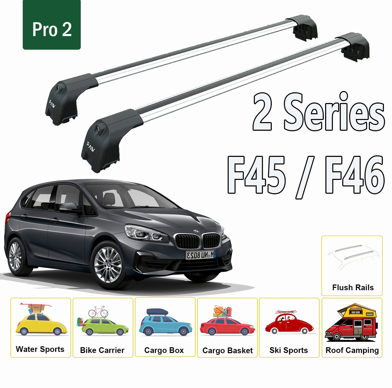 For BMW 2 Series F45 / F46 2015-2021 Roof Rack System, Aluminium Cross Bar, Metal Bracket, Flush Rail, Black