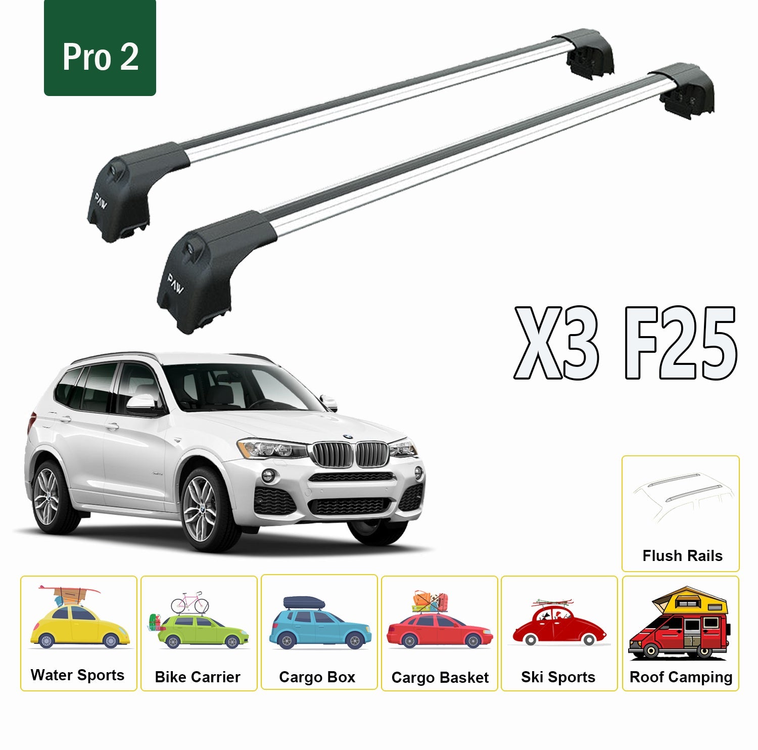 For BMW X3 F25 2010-2018 Roof Rack System, Aluminium Cross Bar, Metal Bracket, Flush Rails, Black