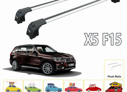 For BMW X5 F15 2013-2018 Roof Rack System, Aluminium Cross Bar, Metal Bracket, Flush Rails, Silver