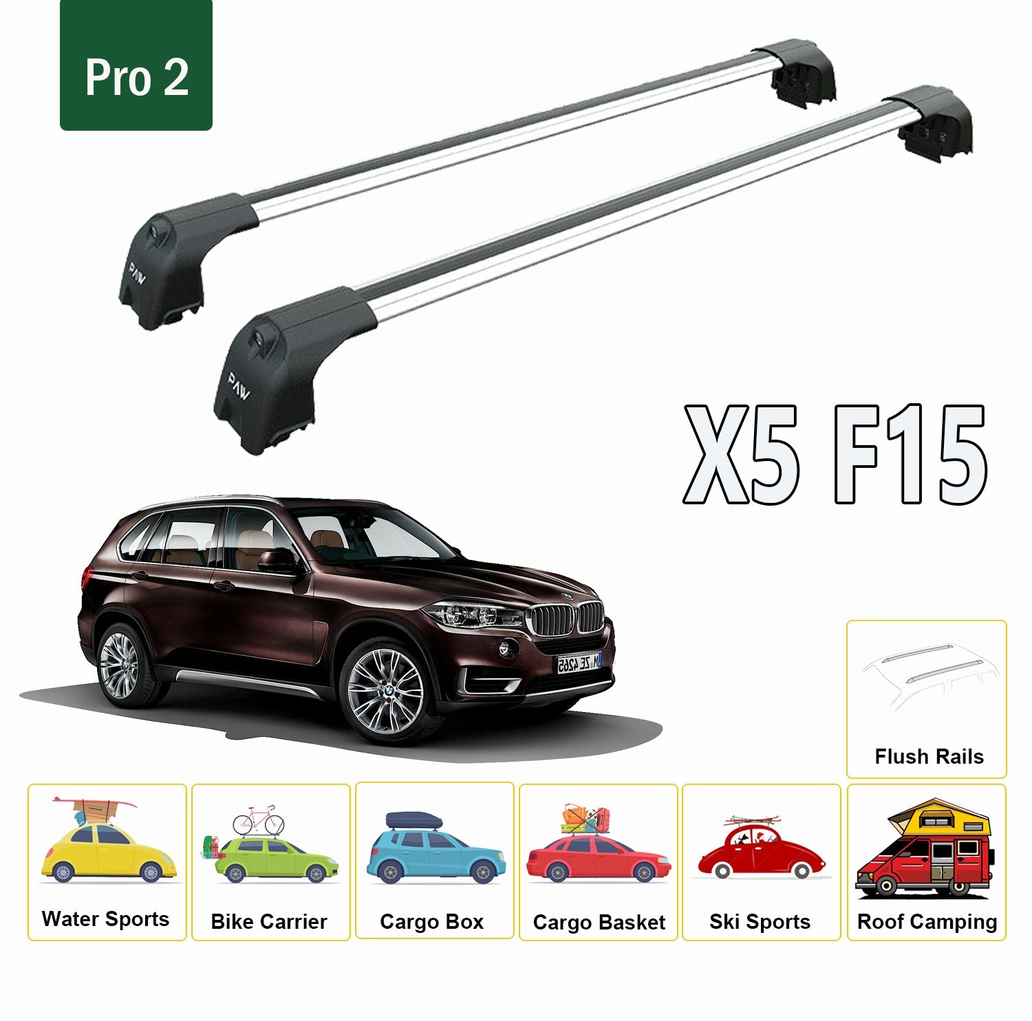 For BMW X5 F15 2013-2018 Roof Rack System, Aluminium Cross Bar, Metal Bracket, Flush Rails, Silver