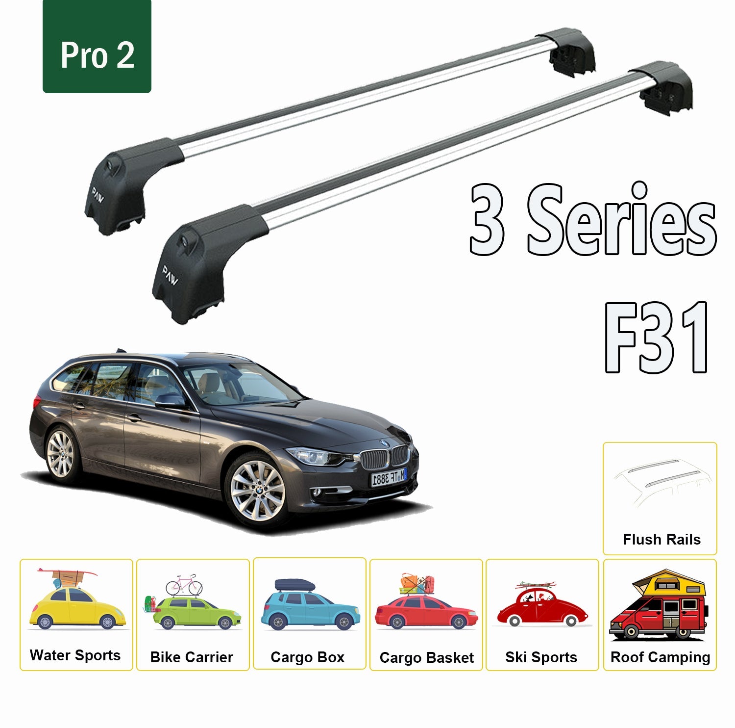 For BMW 3 Series F31/Touring 2012-2019 Roof Rack System, Aluminium Cross Bar, Metal Bracket, Flush Rail, Silver