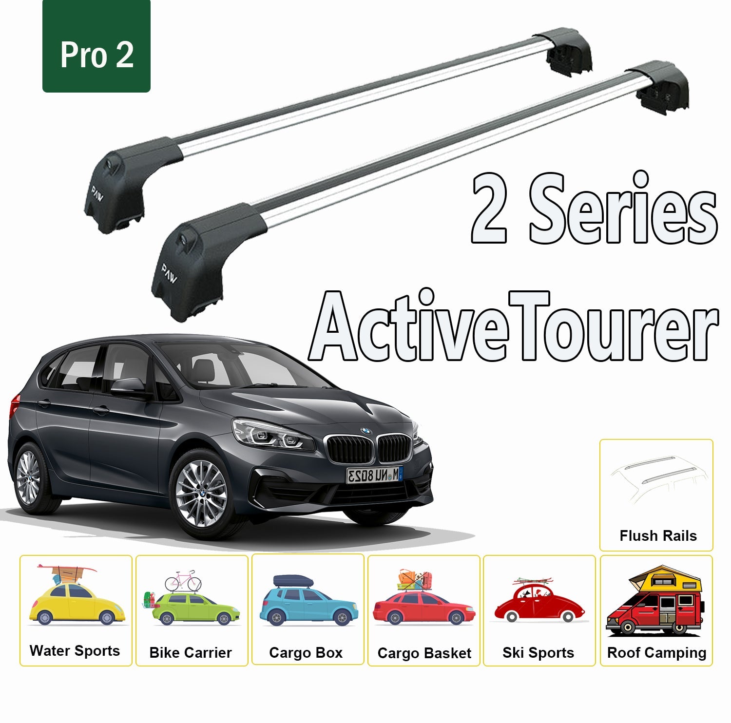 For BMW 2 Series Active Tourer/F45 2014-Up Roof Rack System, Aluminium Cross Bar, Metal Bracket, Flush Rail, Black