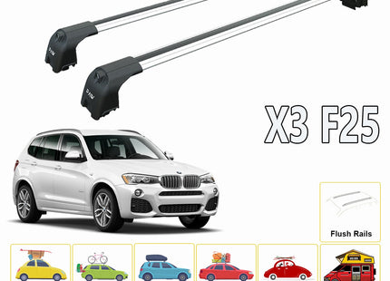 For BMW X3 F25 2010-2018 Roof Rack System, Aluminium Cross Bar, Metal Bracket, Flush Rails, Silver