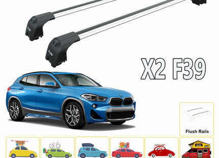 For BMW X2 F39 2018-UP Roof Rack System, Aluminium Cross Bar, Metal Bracket, Flush Rail, Black
