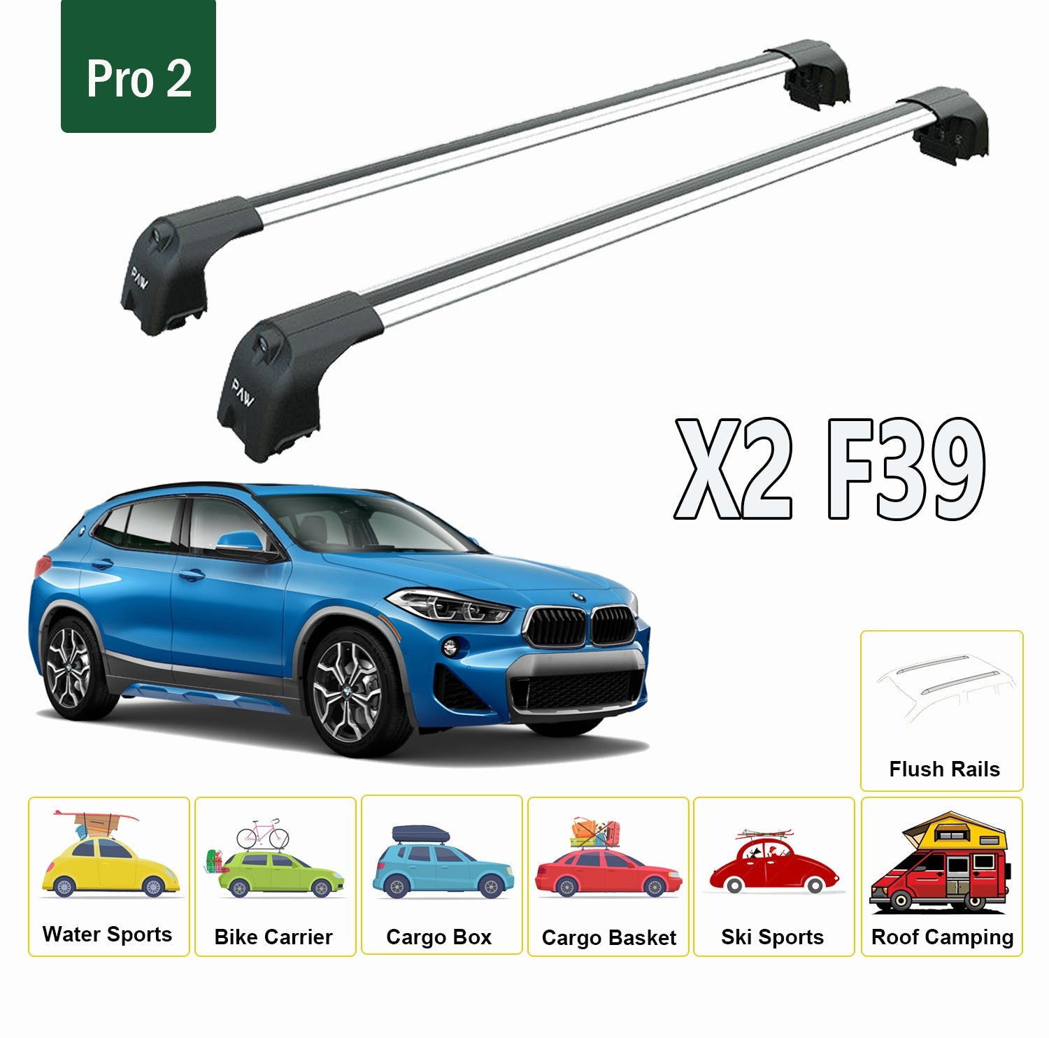 For BMW X2 F39 2018-UP Roof Rack System, Aluminium Cross Bar, Metal Bracket, Flush Rail, Black