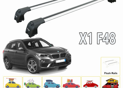 For Bmw X1 F48 2015-Up Roof Rack System, Aluminium Cross Bar, Metal Bracket, Flush Rails, Silver
