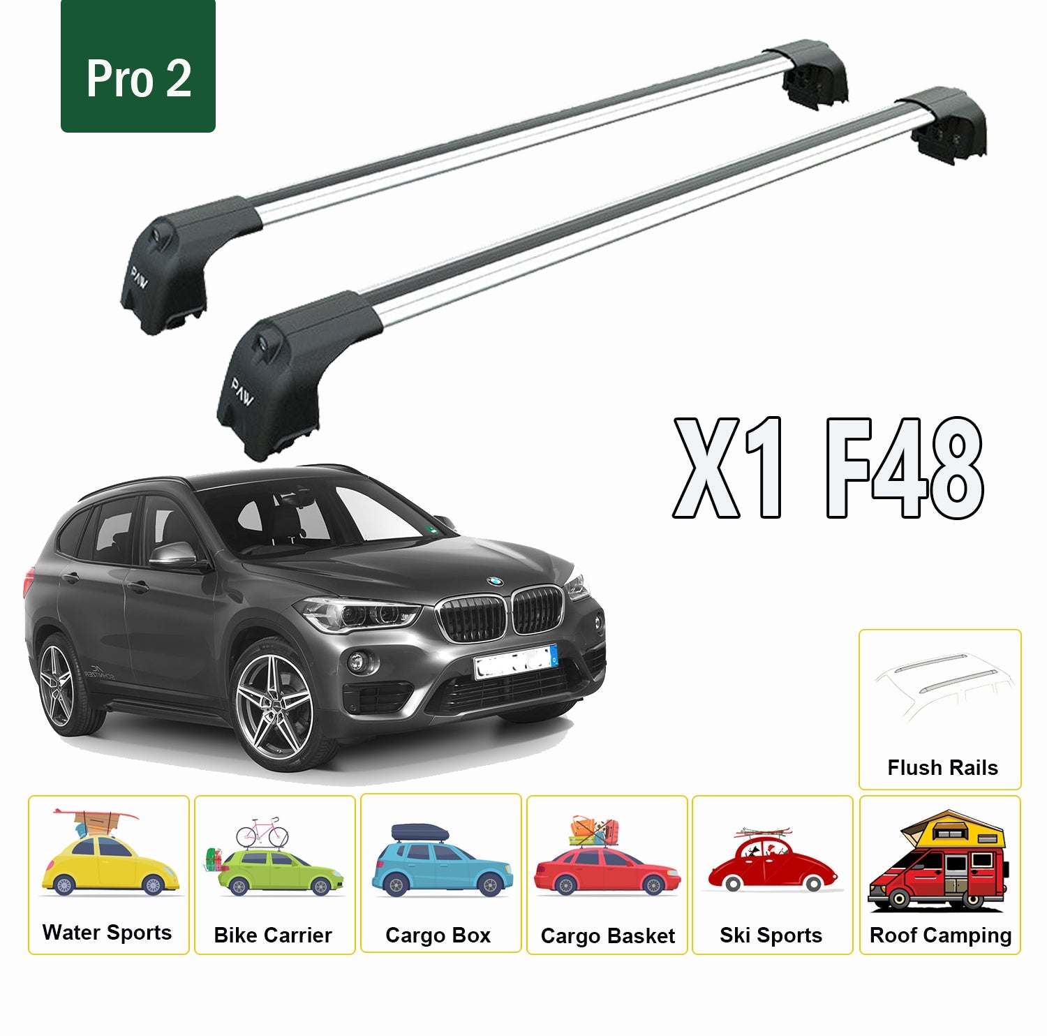 For Bmw X1 F48 2015-Up Roof Rack System, Aluminium Cross Bar, Metal Bracket, Flush Rails, Silver