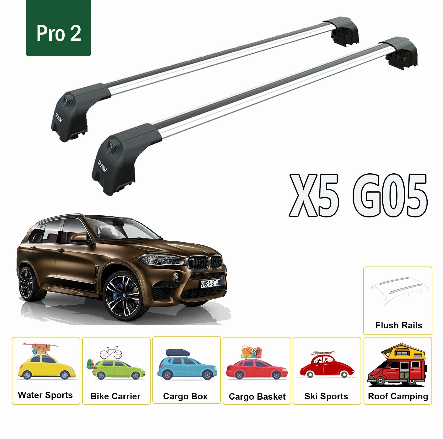 For BMW X5 G05 2018-Up Roof Rack System, Aluminium Cross Bar, Metal Bracket, Flush Rails, Silver