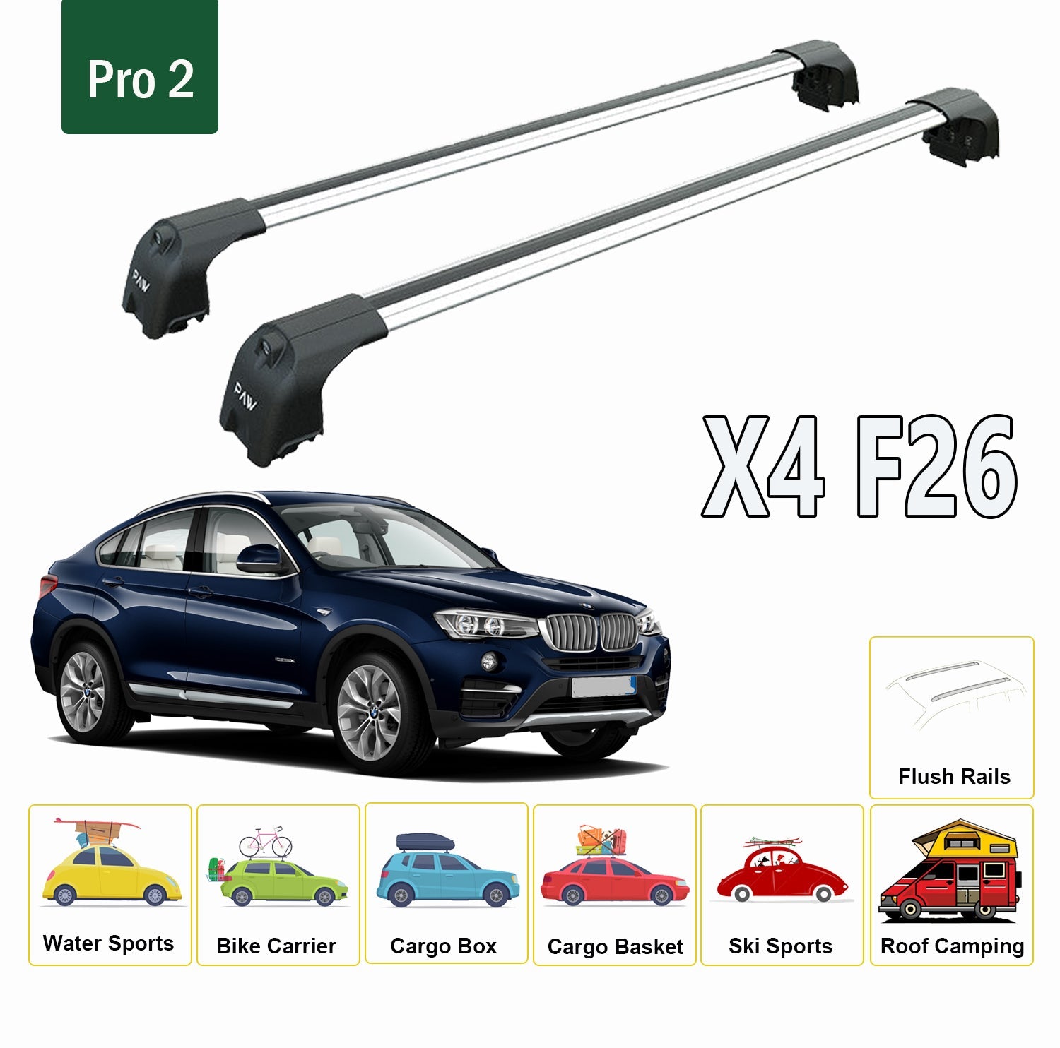 For BMW X4 F26 2014-2018 Roof Rack System, Aluminium Cross Bar, Metal Bracket, Flush Rail, Black