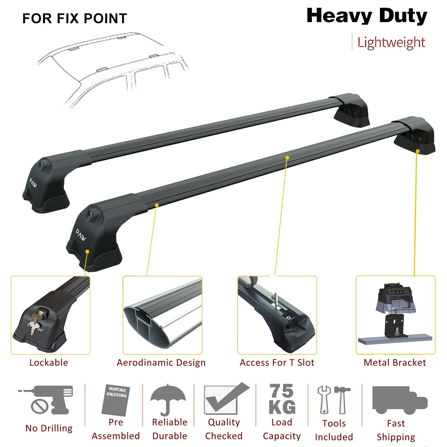 For BMW 1 Series F40 2020-Up Roof Rack System, Aluminium Cross Bar, Metal Bracket, Fix Point, Silver - 0