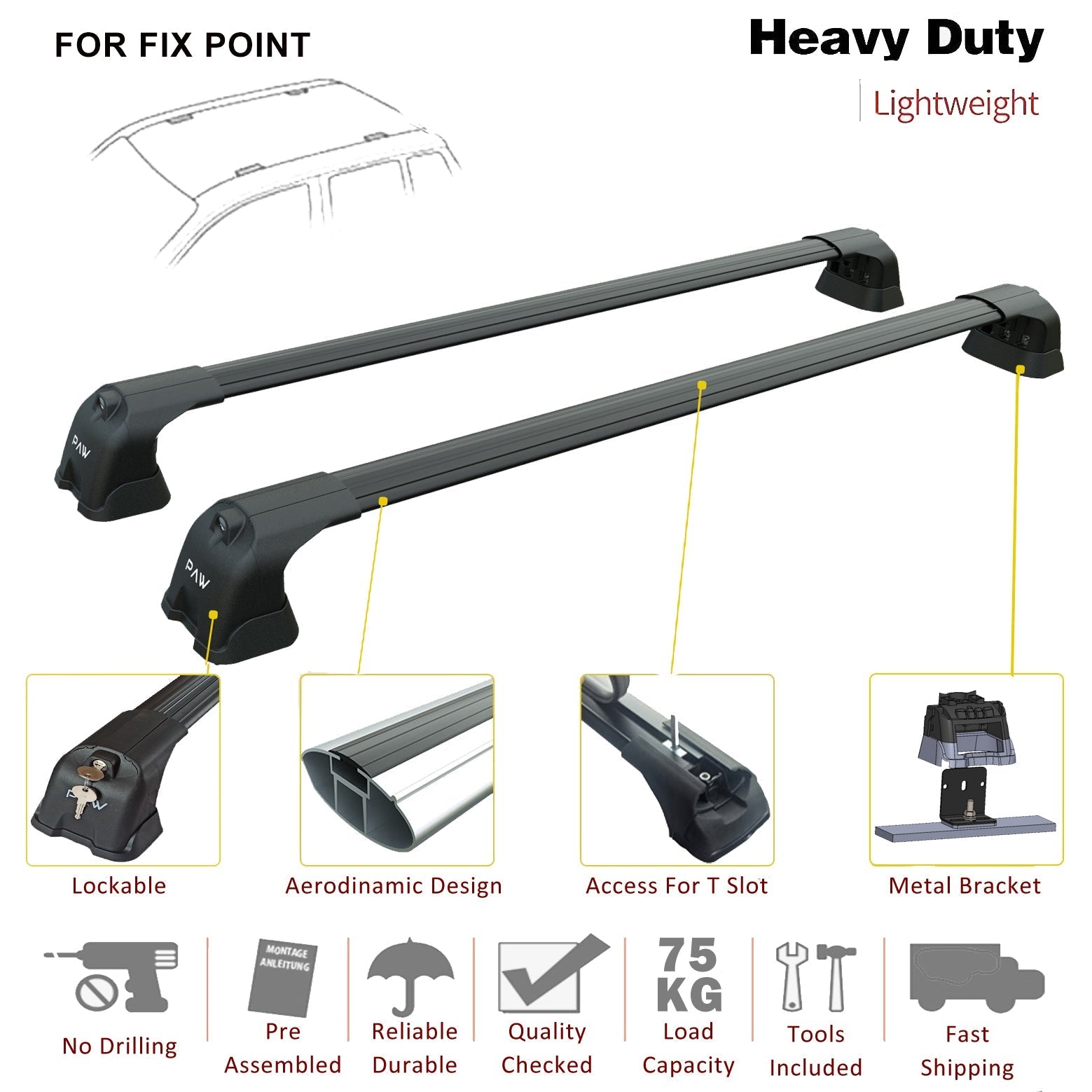 For BMW 5 Series Gran Tourismo 2010-2017 Roof Rack System, Aluminium Cross Bar, Metal Bracket, Fix Point, Silver - 0