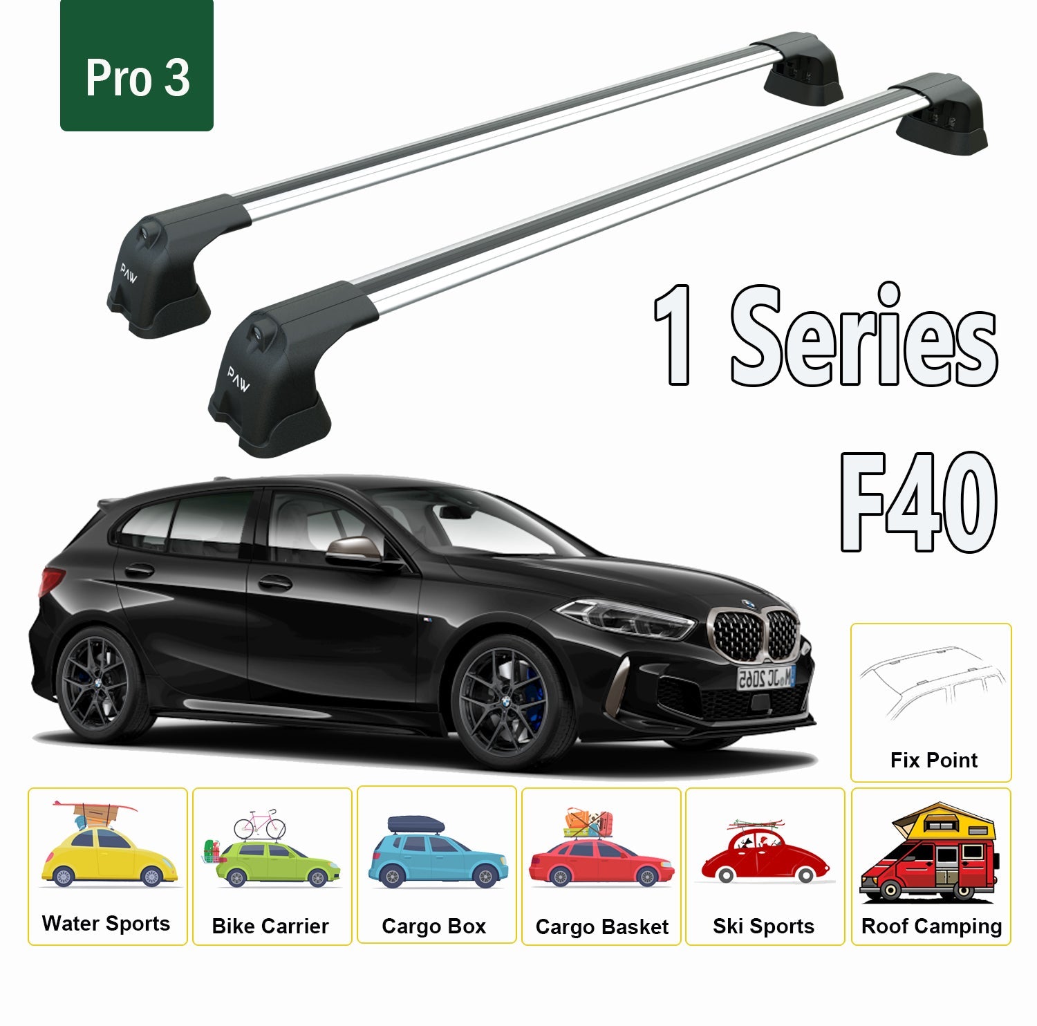 For BMW 1 Series F40 2020-Up Roof Rack System, Aluminium Cross Bar, Metal Bracket, Fix Point, Silver