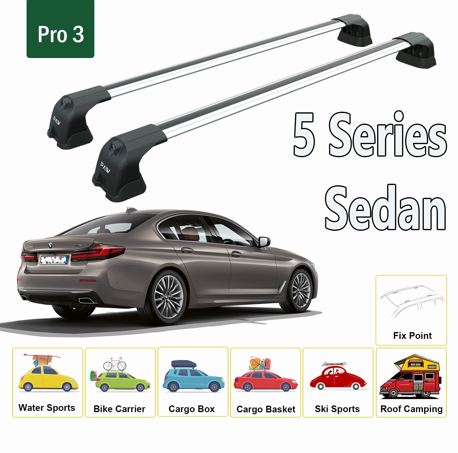 For BMW 5 Series Sedan 2011-Up Roof Rack System, Aluminium Cross Bar, Metal Bracket, Fix Point, Black