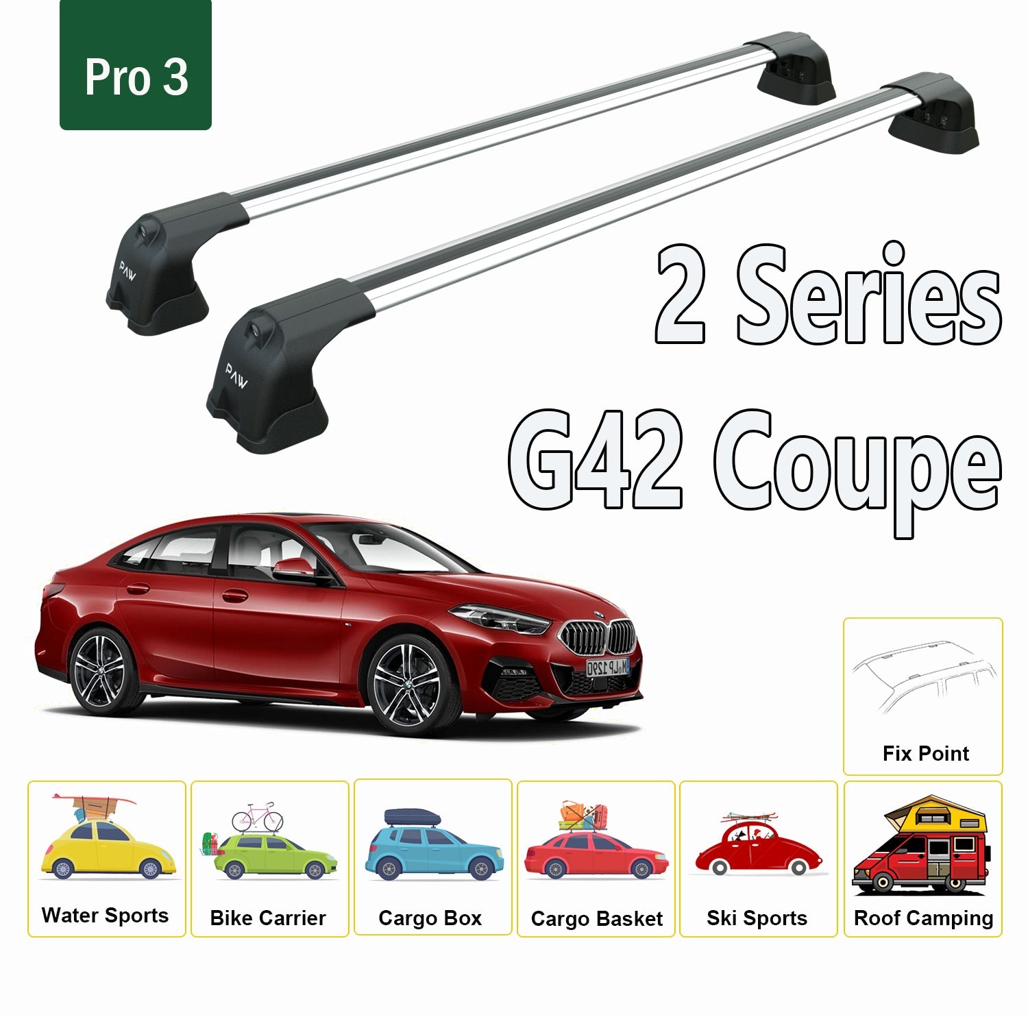 For BMW 2 Series G42 Coupe 2022-Up Roof Rack System, Aluminium Cross Bar, Metal Bracket, Fix Point, Black