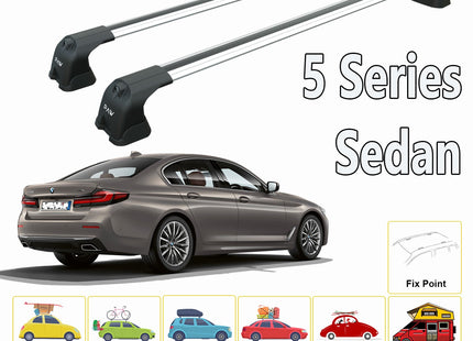For BMW 5 Series Sedan 2011-Up Roof Rack System, Aluminium Cross Bar, Metal Bracket, Fix Point, Silver