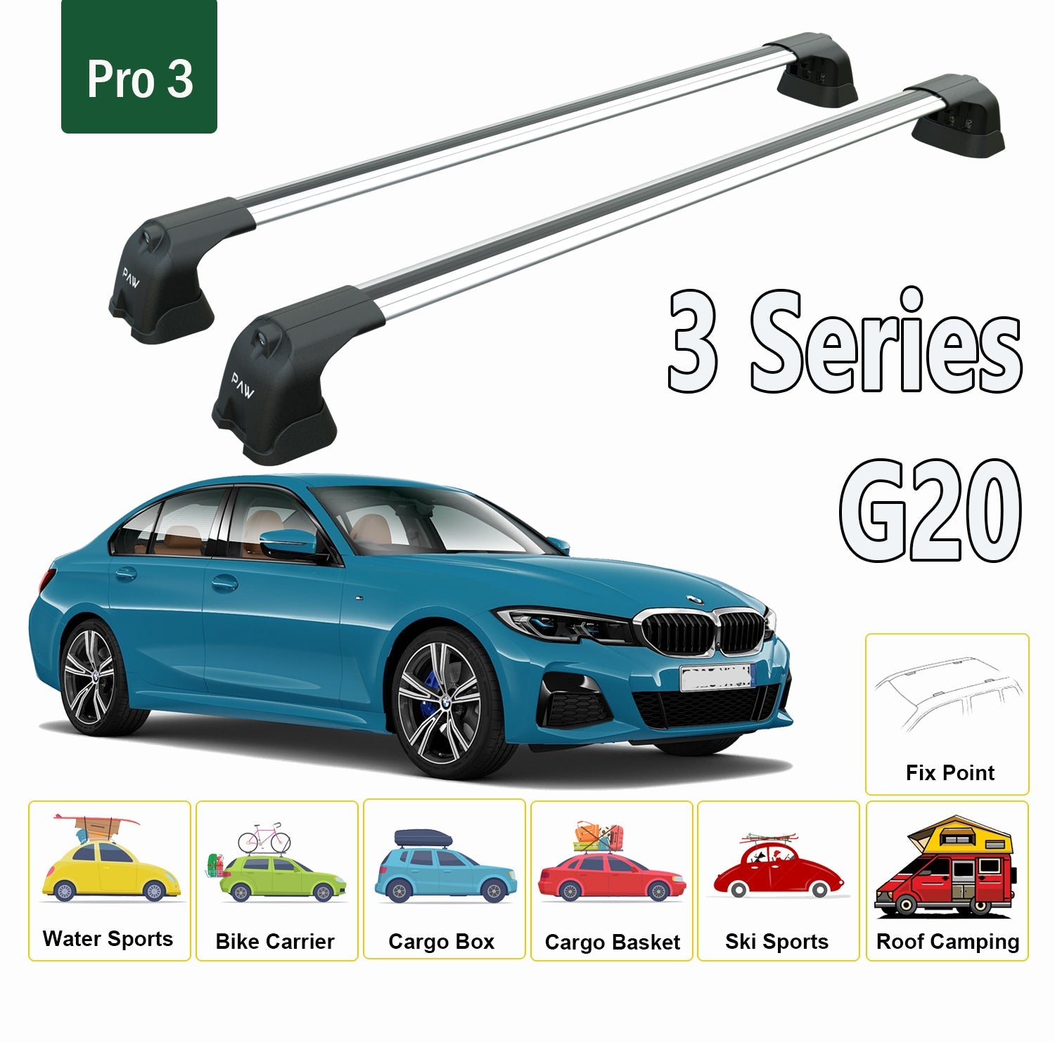 For BMW 3 Series G20 2019-Up Roof Rack System, Aluminium Cross Bar, Metal Bracket, Fix Point,  Silver