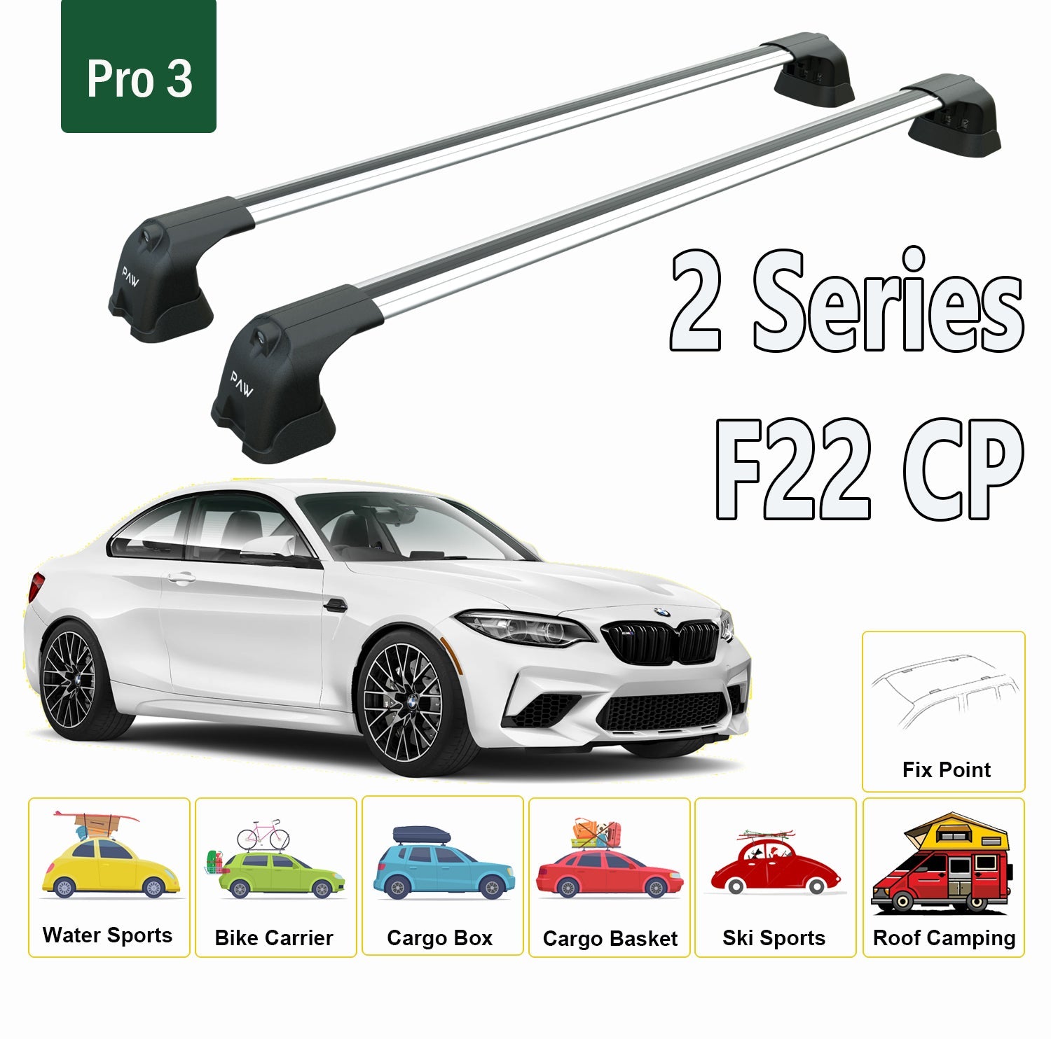 For BMW 2 Series F22 Coupe 2014-Up Roof Rack System, Aluminium Cross Bar, Metal Bracket, Fix Point, Black