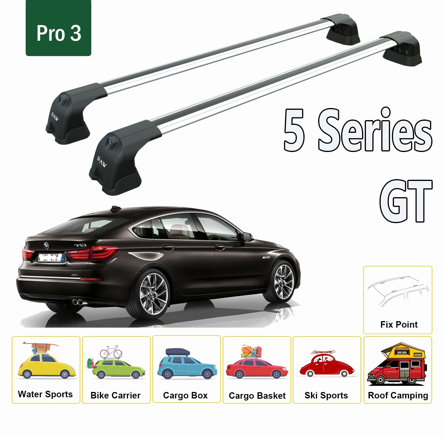 For BMW 5 Series Gran Tourismo 2010-2017 Roof Rack System, Aluminium Cross Bar, Metal Bracket, Fix Point, Black