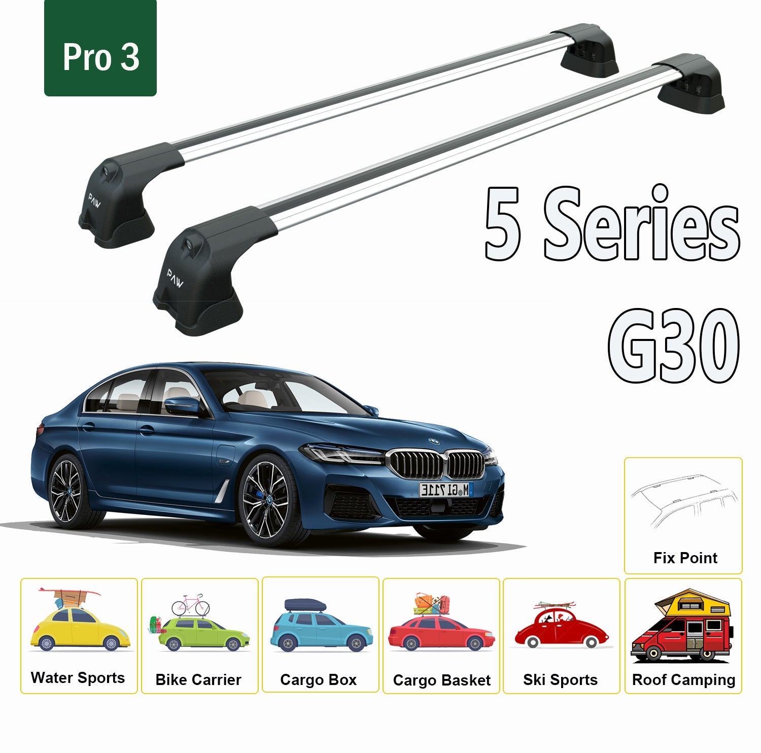 For BMW 5 Series G30 2007-2020 Roof Rack System, Aluminium Cross Bar, Metal Bracket, Fix Point, Silver