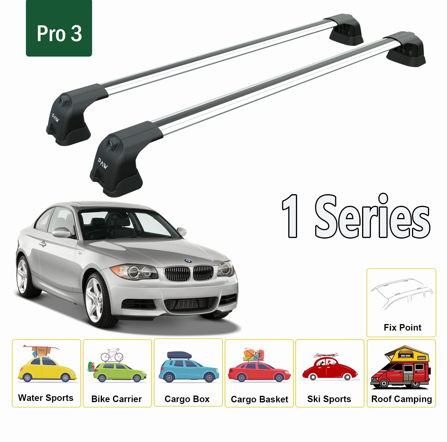 For BMW 1 Series 2004-2013 Roof Rack System, Aluminium Cross Bar, Metal Bracket, Fix Point, Black