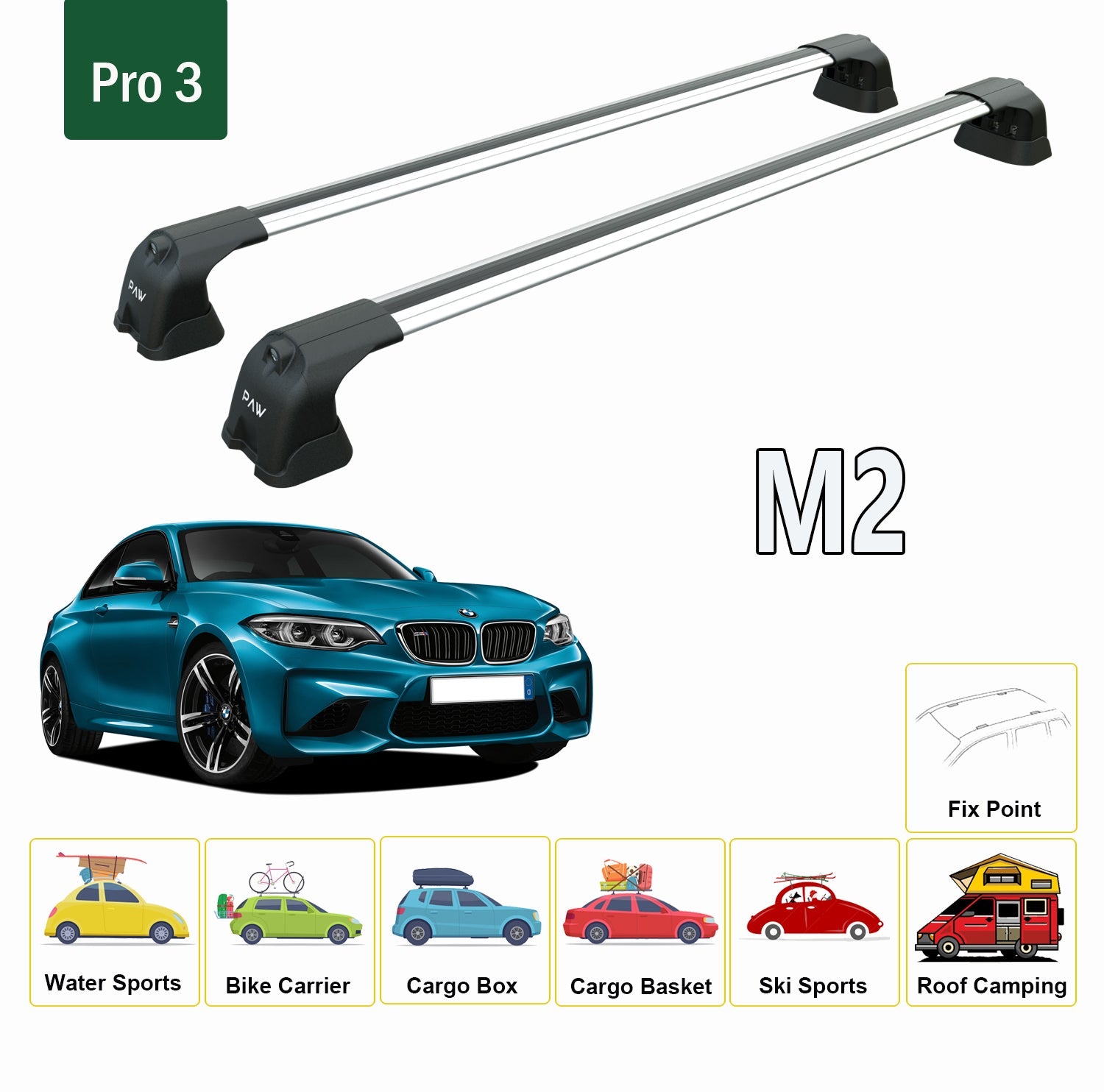 For BMW M2 Roof Rack System, Aluminium Cross Bar, Metal Bracket, Fix Point, Black 2018-2021