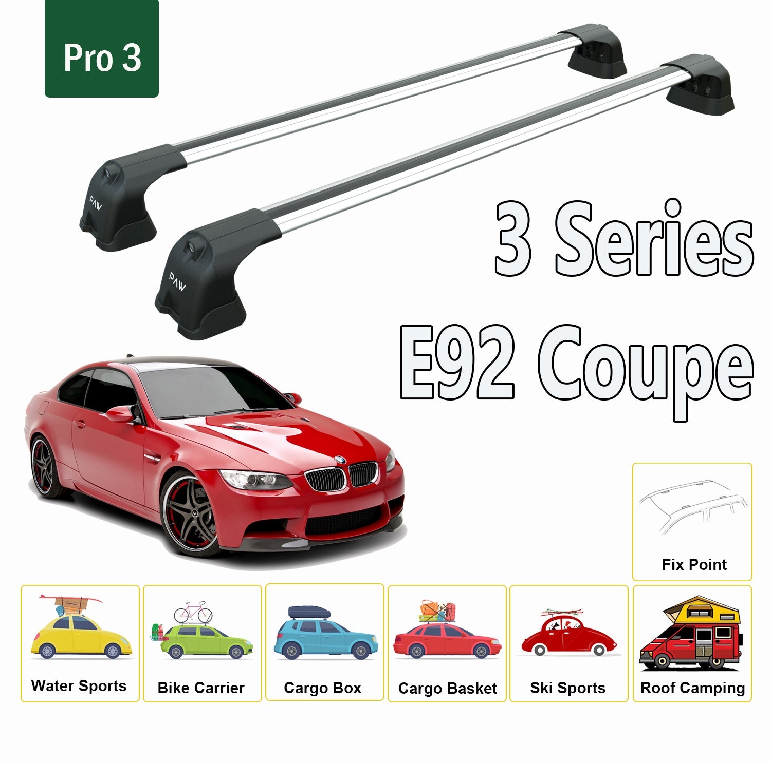 For BMW 3 Series E92 Coupe 2006-2013 Roof Rack System, Aluminium Cross Bar, Metal Bracket, Fix Point, Silver