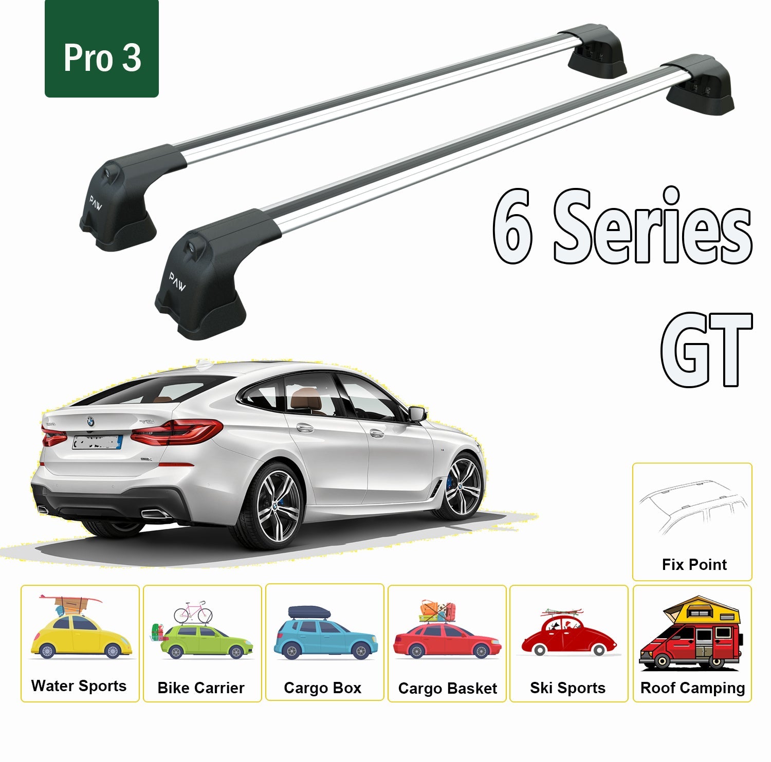 For BMW 6 Series GT 2017-2023 Roof Rack System, Aluminium Cross Bar, Metal Bracket, Fix Point, Black