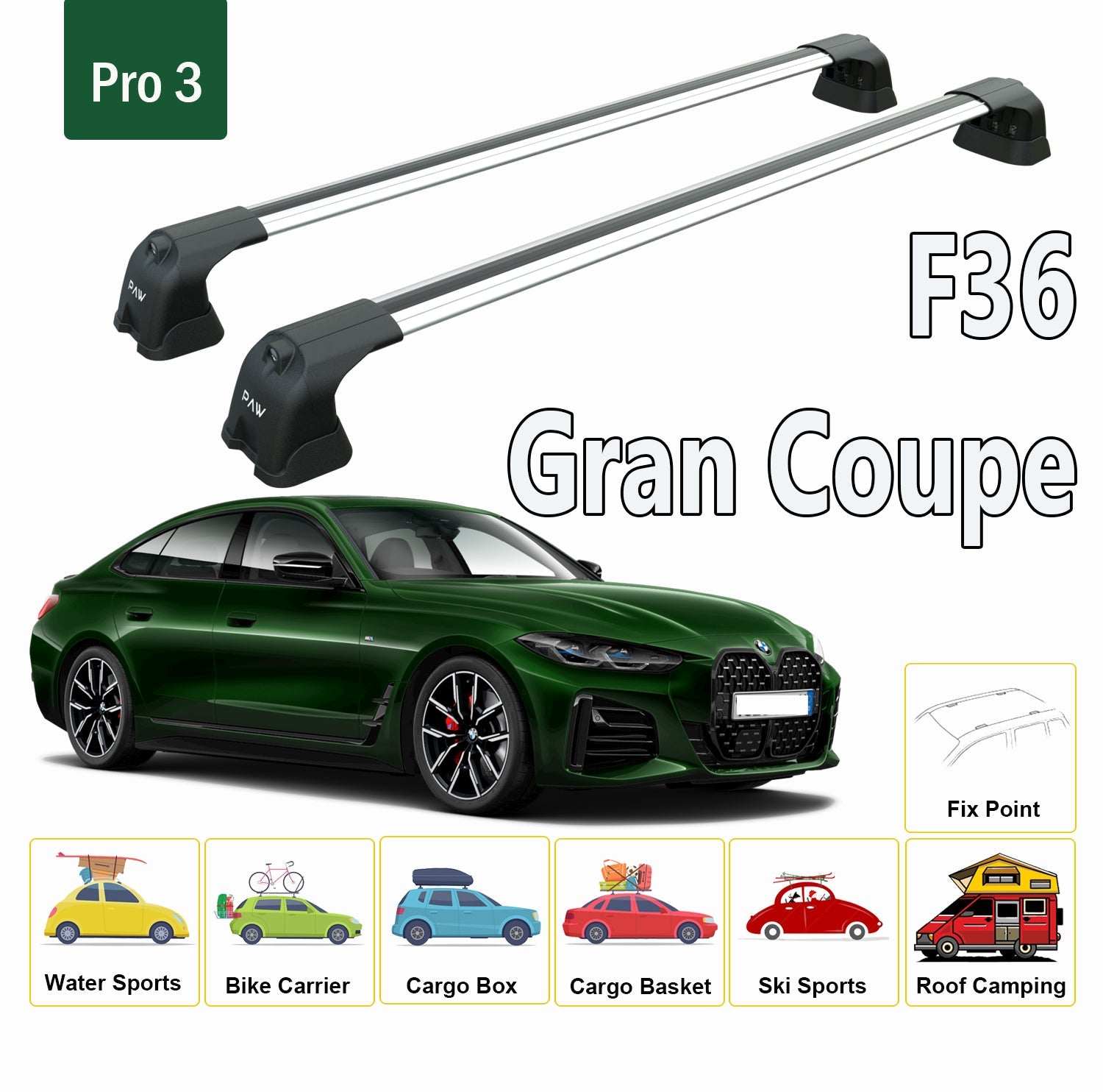 For BMW 4 Series F36/Gran Coupe 2015-2021 Roof Rack System, Aluminium Cross Bar, Metal Bracket, Fix Point, Silver