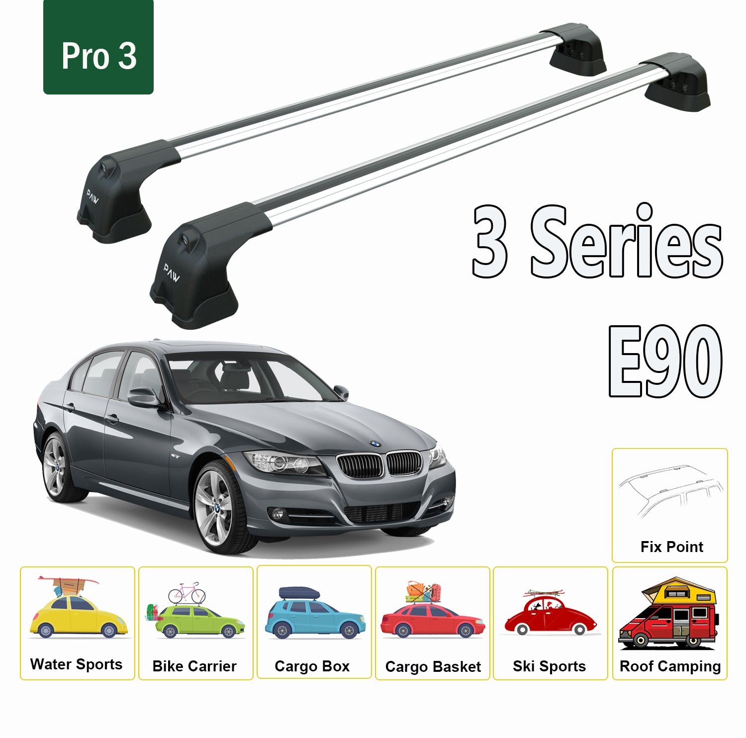 For BMW 3 Series E90 Roof Rack System, Aluminium Cross Bar, Metal Bracket, Fix Point, Black