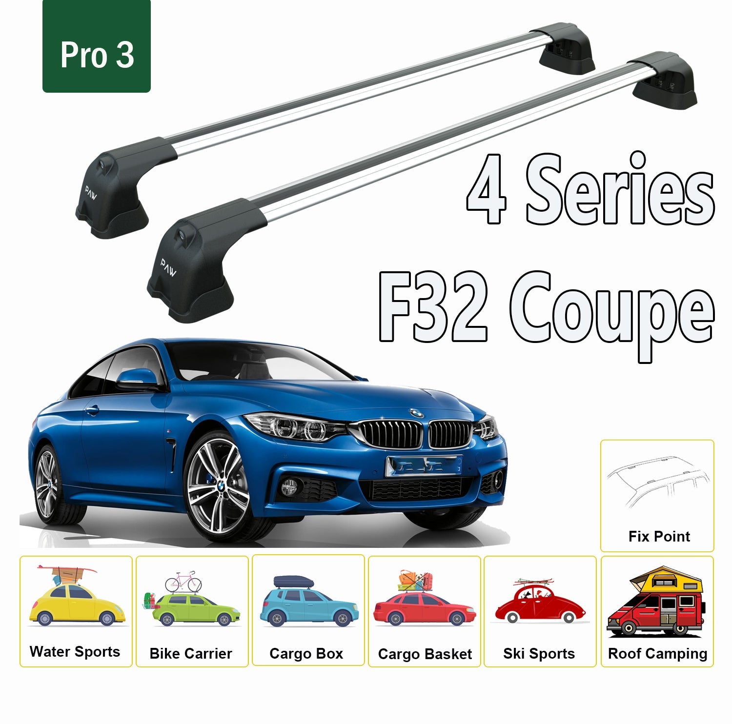 For BMW 4 Series F32 Coupe 2014-2020 Roof Rack System, Aluminium Cross Bar, Metal Bracket, Fix Point, Silver