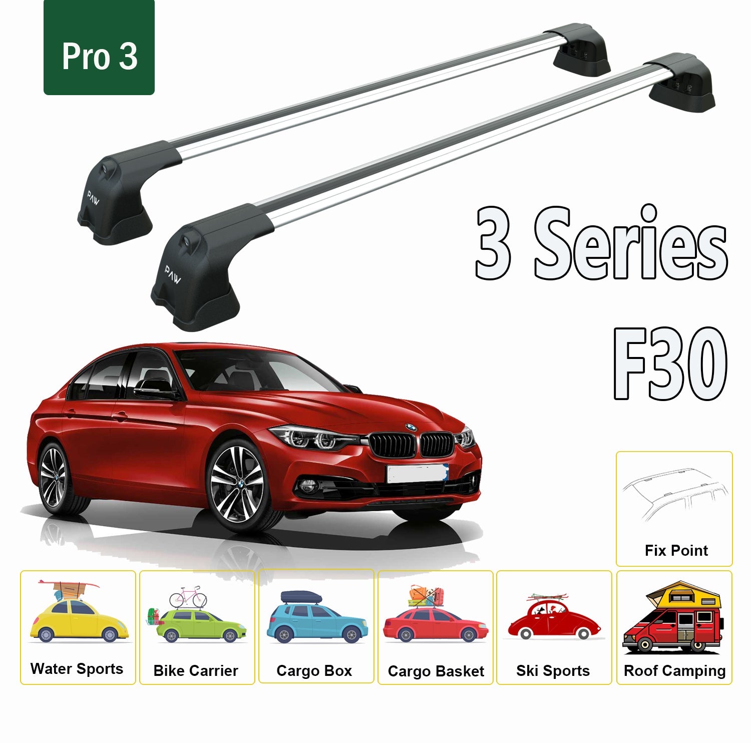 For BMW 3 Series F30 2012-2019 Roof Rack System, Aluminium Cross Bar, Metal Bracket, Fix Point, Silver