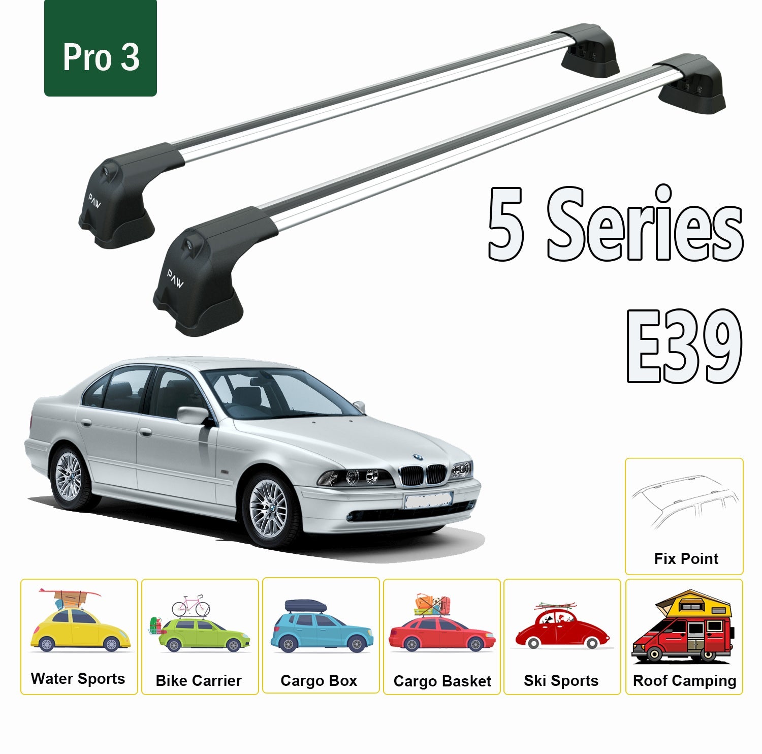 For BMW 5 Series E39 1996-2003 Roof Rack System, Aluminium Cross Bar, Metal Bracket, Fix Point, Silver