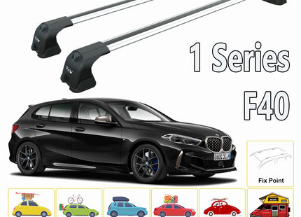 For BMW 1 Series F40 2020-Up Roof Rack System, Aluminium Cross Bar, Metal Bracket, Fix Point, Black