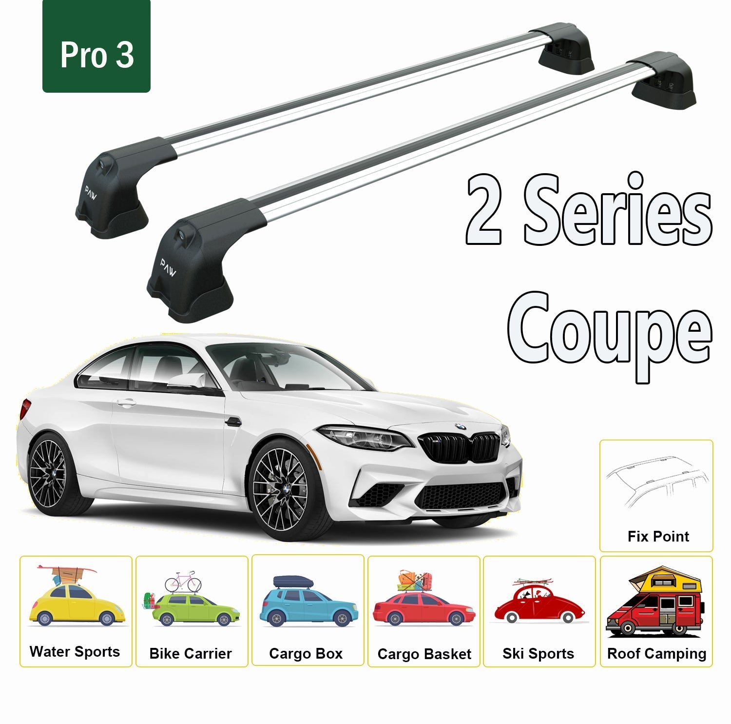 For BMW 2 Series G42 Coupe 2022-Up Roof Rack System, Aluminium Cross Bar, Metal Bracket, Fix Point, Silver